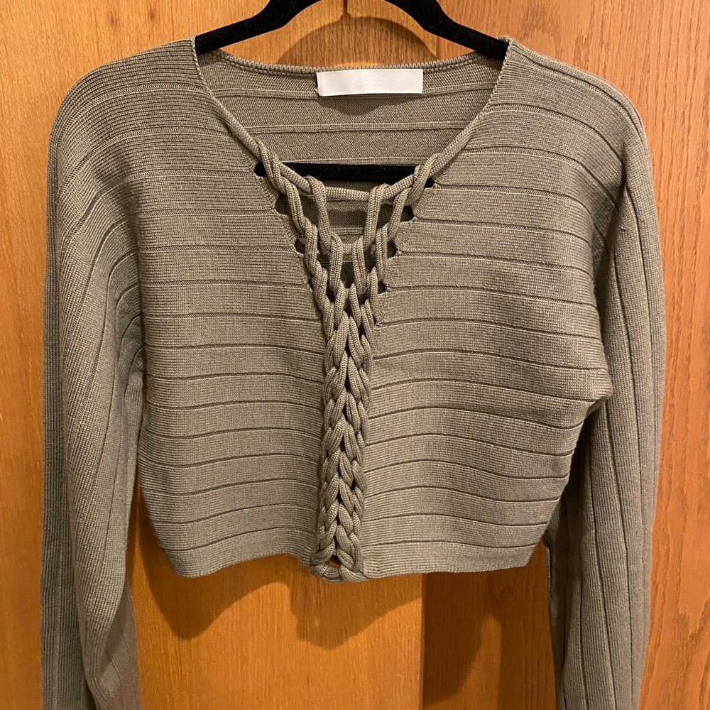 Dion Lee Gray Tan Ribbed Crop V-Neck Sweater